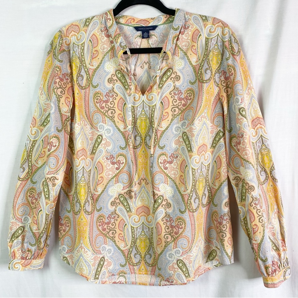 Tommy Hilfiger Pastel Paisley Long Sleeve Tie Neck Top Med